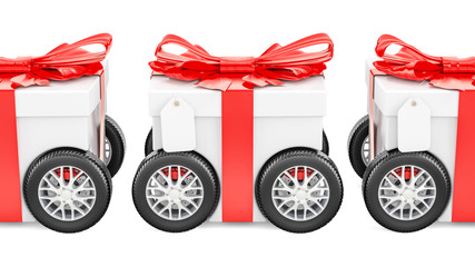 Poster - gift boxes on wheels, gift delivery concept. 3d rendering
