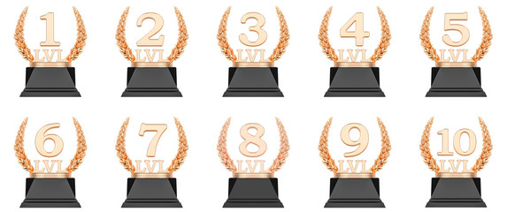 Golden trophy level cups first, second, third, fourth, fifth, sixth, seventh, eighth, ninth, tenth. 3D rendering