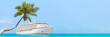 Cruise ship luxury travel caribbean vacation banner panorama in tropical holiday destination with palm tree and ocean background landscape with copy space on blue sky.