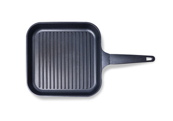 Top view empty black grill iron pan with isolated on white background. File contains a clipping path.