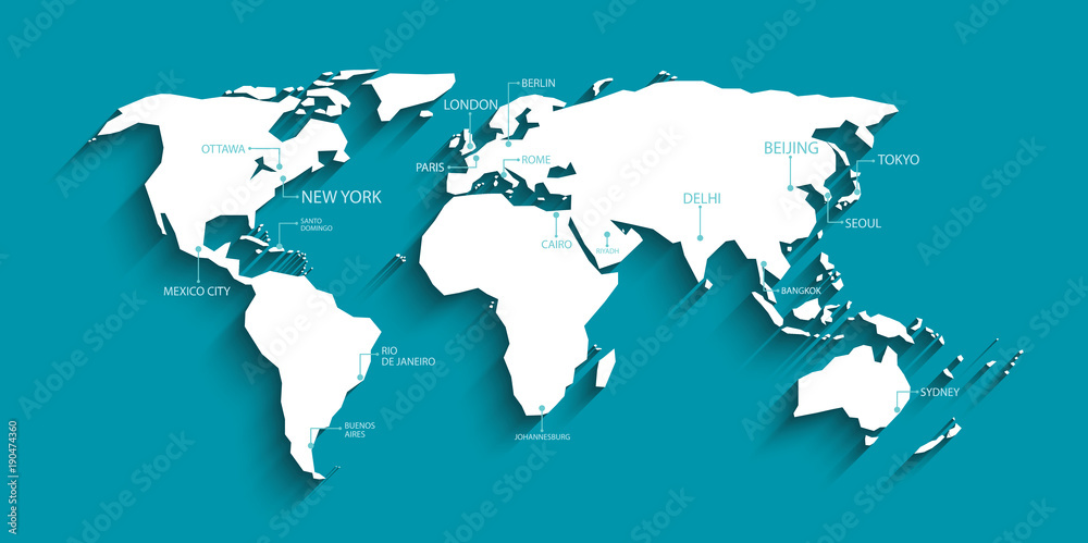 Modern world map with shadow and capital name. vector. - obrazy, fototapety, plakaty 