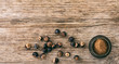 Guarana nuts and powder on wooden background, top view, copy space