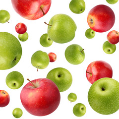 Wall Mural - Fruit background with green and red apples on white. Flying (falling) fruit.