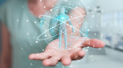 Aufkleber - Businesswoman using digital x-ray human body scan interface 3D rendering