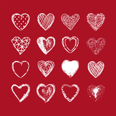Wall Mural - Hand drawn heart background, valentines day, red white color vector illustration. Love wallpaper. Abstract design, romantic holiday decoration