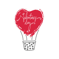 Wall Mural - Hand drawn doodle air ballon in shape of heart, happy valentines day, red white color vector illustration. Cute love wallpaper. Abstract design, romantic holiday decoration