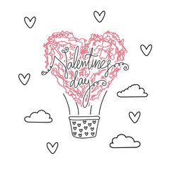 Wall Mural - Hand drawn doodle air ballon in shape of heart, happy valentines day, red white color vector illustration. Cute love wallpaper. Abstract design, romantic holiday decoration