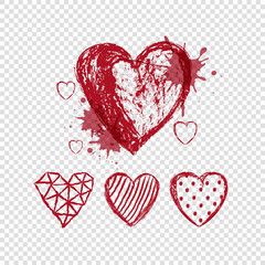 Wall Mural - Hand drawn doodle hearts with blots, polka dot and lines on transparent background, happy valentines day, red vector illustration. Cute love wallpaper. Abstract design, romantic holiday decoration