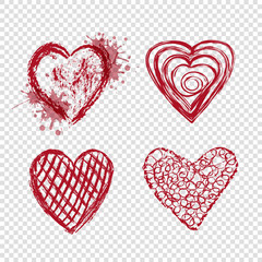 Wall Mural - Hand drawn doodle hearts with blots and lines on transparent background, happy valentines day, red vector illustration. Abstract love design, romantic holiday decoration