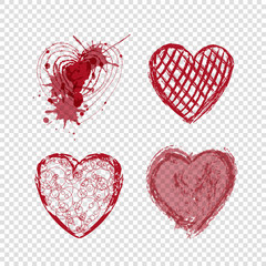 Wall Mural - Hand drawn doodle hearts with blots and lines on transparent background, happy valentines day, red vector illustration. Abstract love design, romantic holiday decoration