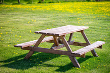 Picnic Table On A Green Meadow With Yellow Spring Flowers And Dandelions On Background. Early Summer Time, Traveling And Family Vacation In Camping Site. Breakfast And Picnic Outside In An Morning