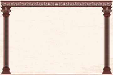 Wall Mural - Ancient Greek background with two columns and a national ornament. Old beige papyrus with the aging effect.