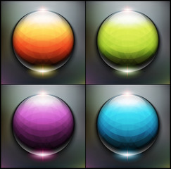 Wall Mural - Shiny vector glass spheres set of 4. Crystal balls with colorful geometric design. Isolated with realistic shine and shadow on the black background. Vector illustration, Eps10,