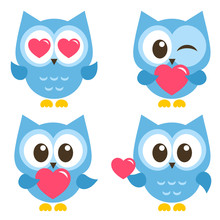 Set Of Cute Blue Owls With Hearts Isolated On White Background