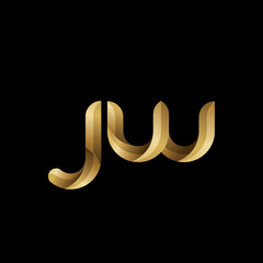 Initial lowercase letter jw, swirl curve rounded logo, elegant golden color on black background