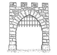 Cartoon Vector Doodle Drawing Illustration Of Open Medieval Stone Decision Gate With Iron Bars .