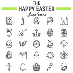Happy Easter line icon set, holiday symbols collection, vector sketches, logo illustrations, celebration signs linear pictograms package isolated on white background, eps 10.