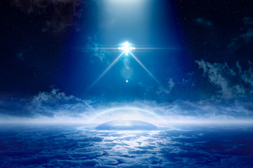 Wall Mural - ufo with bright spotlights fly abobe aliens extraterrestrial colony under protective dome