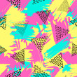 Colorful seamless pattern from triangles on the bright brush strokes background. 80's - 90's years design style.