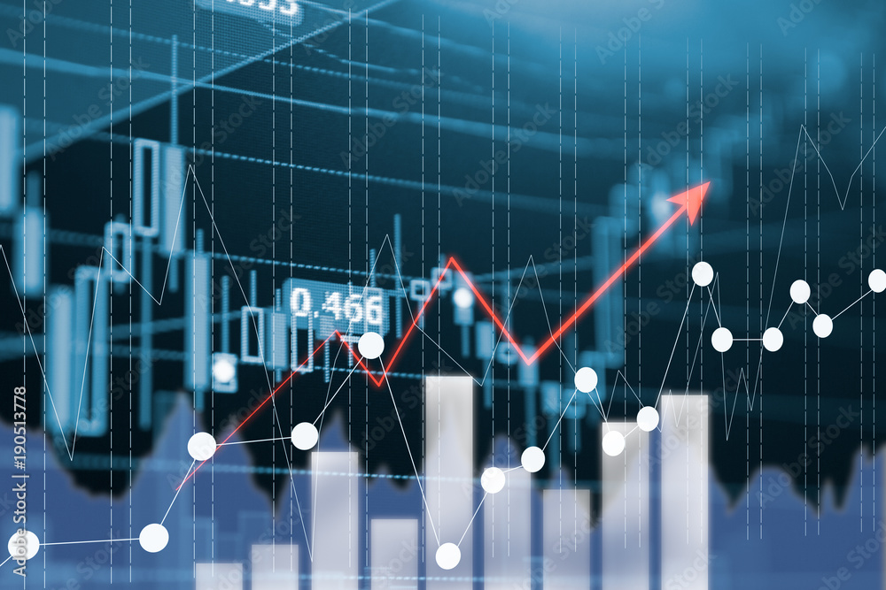 Digital data indicator analysis on financial market trade chart on LED. Concept Stock data trade. Double exposure style - obrazy, fototapety, plakaty 