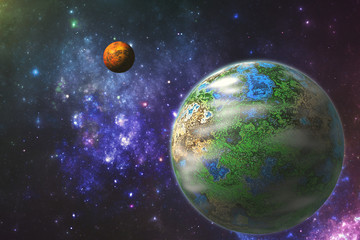 Wall Mural - fantasy universe 3d illustration, planet and moon in blue galaxy