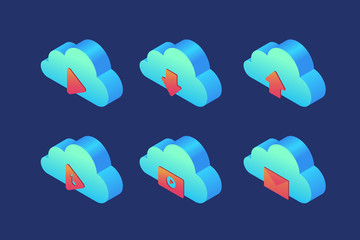 Poster - Set of icons on topic of cloud storage: player, download, download, audio, video and mail. Isometric 3d style. Vector illustration.