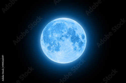 Blue super moon glowing with blue halo isolated on black background Tableau sur Toile