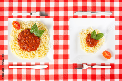 Cuadros en Lienzo Contrasting large and tiny food portions of Spaghetti