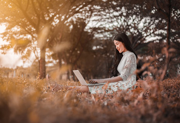 Sticker - beautiful woman using laptop in the park