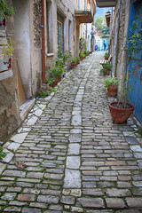 Wall Mural - narrow street with old traditional houses and cobblestone road in old village