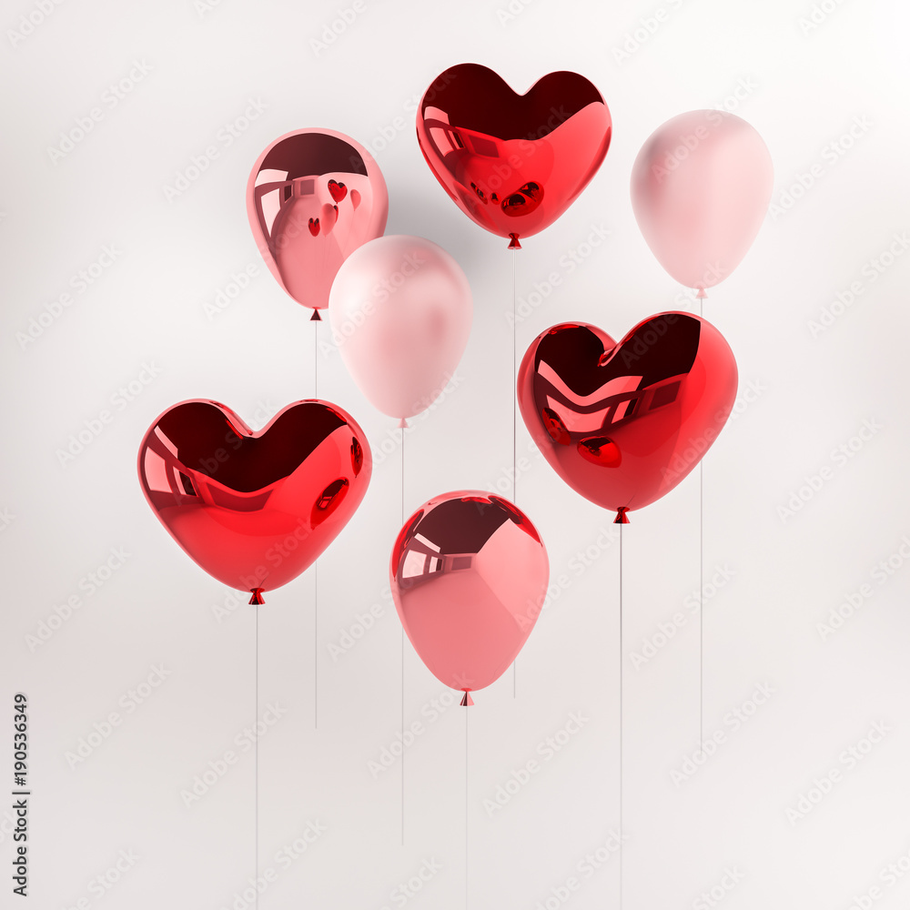 Set of red and pink glossy 3d realistic balloons in heart shape with ...