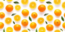 Seamless Pattern Of Fresh Oranges Isolated On White Background, Top View, Flat Lay. Food Texture Background. Healthy Food, Detox, Diet.