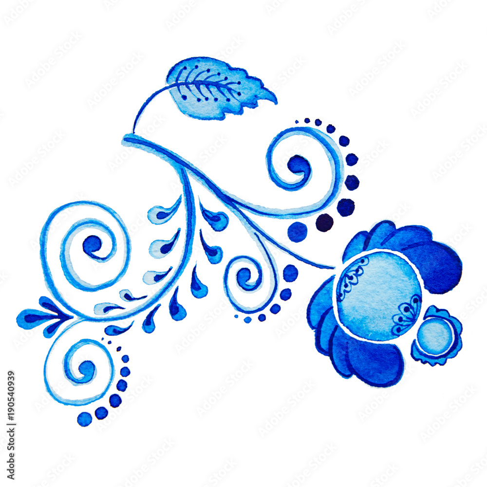 Tapeta Gzhel Akwarela Rysunek Na Białym Tle Niebieski Kwiat