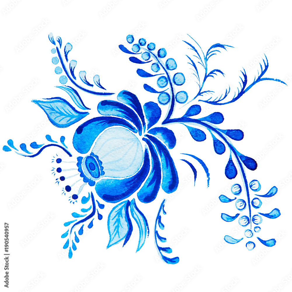 Naklejka 3d Dziura W ścianie Gzhel Akwarela Rysunek Na