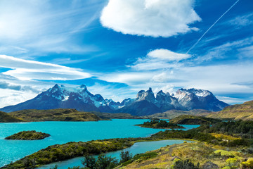 Pehoe lake and Guernos mountains beautiful landscape, national park Torres del Paine, Patagonia, Chile, South America
