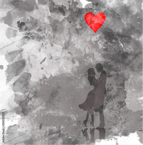 Naklejka dekoracyjna Romantic silhouette of loving couple. Valentines Day 14 February. Happy Lovers. Graphic illustration, watercolor style