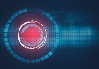 Aufkleber - Abstract digital illustration of round technology interface concept with world map and binary code background. Red light spot.