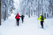 Three female skiers together in white winter nature