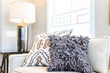 Closeup of two pillows on couch or sofa by bright window in modern apartment, house or home with staging of large beige, neutral white colors, lamp