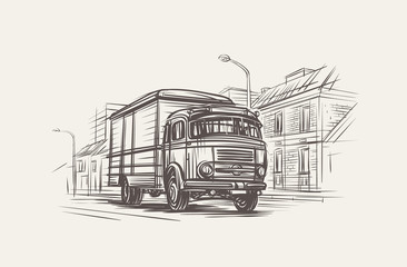 Wall Mural - Retro Delivery Truck Illustration. Hand drawn, vector, eps 10. 