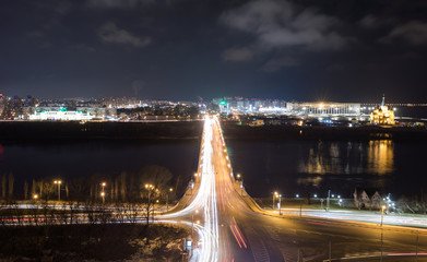 Wall Mural - Night view of Nizhny Novgorod with Kanavinsky bridge and Alexander Nevsky Cathedral