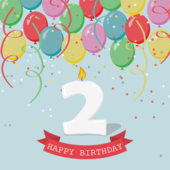 Two years  anniversary greeting card, balloons, ribbons and confetti