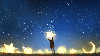 beautiful scenery showing the young boy standing among glowing planets and holding the star up in th