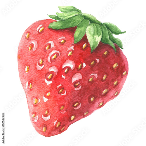 Fotografie, Obraz Hand drawn watercolor strawberry with green leaves, delicious food art isolated on white background