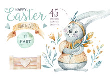 Hand Drawn Watercolor Happy Easter Set With Bunnies Design. Rabbit Bohemian Style, Isolated Boho Illustration On White.