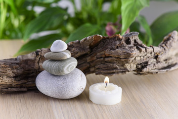 Spa Still Life, Stones and wood on green background