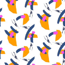 Paint Brushstrokes On White Chaotic Ornament Seamless Pattern. Orange And Blue Artistic Colors.