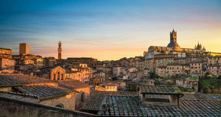 Wall Mural - Siena sunset panoramic skyline. Mangia tower and cathedral duomo. Tuscany,