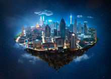 Fantasy Island Floating In The Air With Modern City Skyline And Lake Garden, Night Scene .