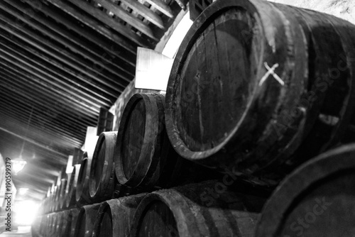 Fotografía Barrels for wine stacked in the cellar